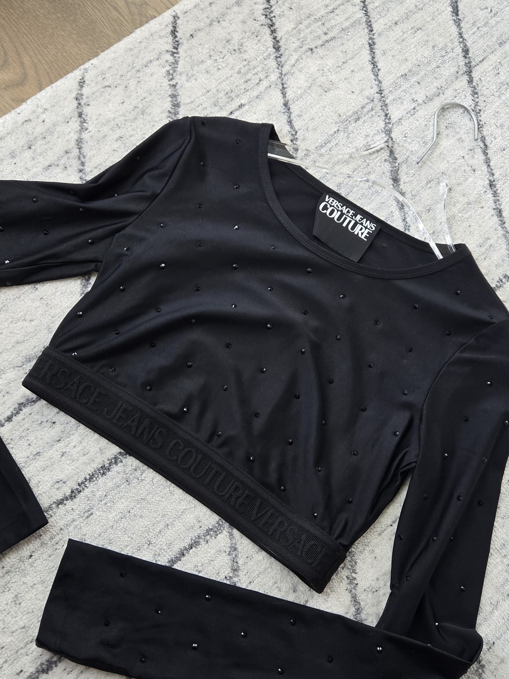 Versace Jeans Collection Black Embellished Cropped Long-Sleeve Top